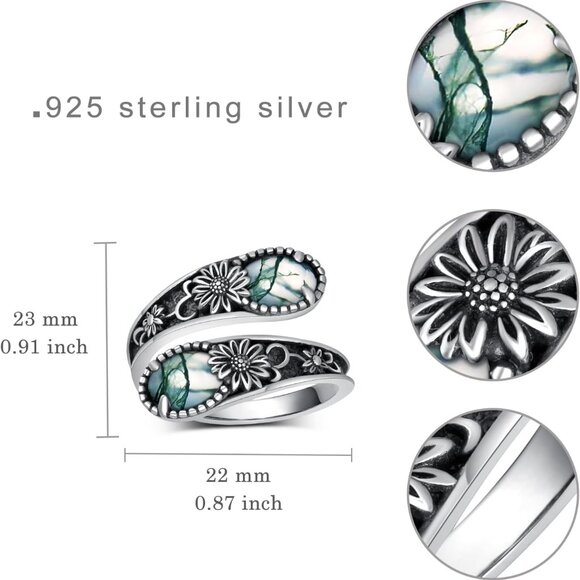 Sterling Silver Moss Agate Ring Vintage Antique Inspired Adjustable Jewelry - Picture 4 of 6